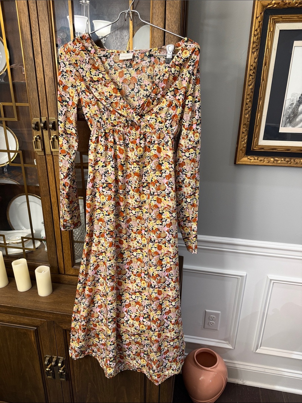 Mama Licious Long-Sleeve Floral Midi Dress in Rust and Cream